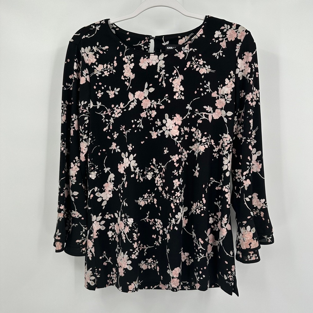 Karl Lagerfeld Womens Romantic Dark Floral Top Size 8 Brunch Parisian Feminine